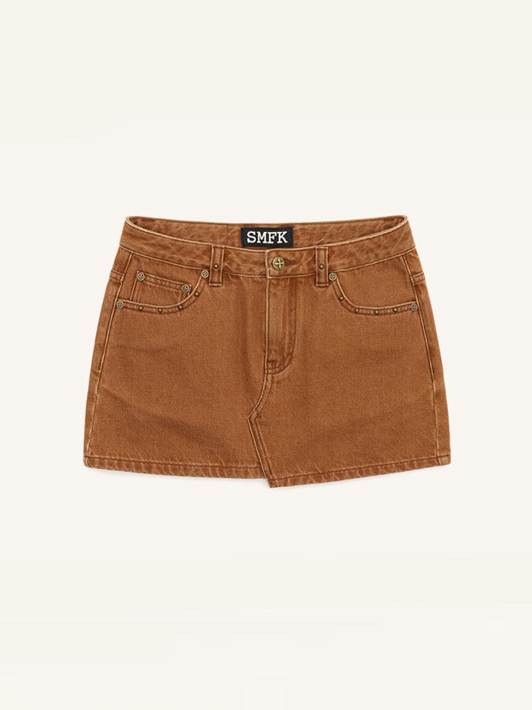 SMFK Vintage Wash Denim Mini Skirt in Brown