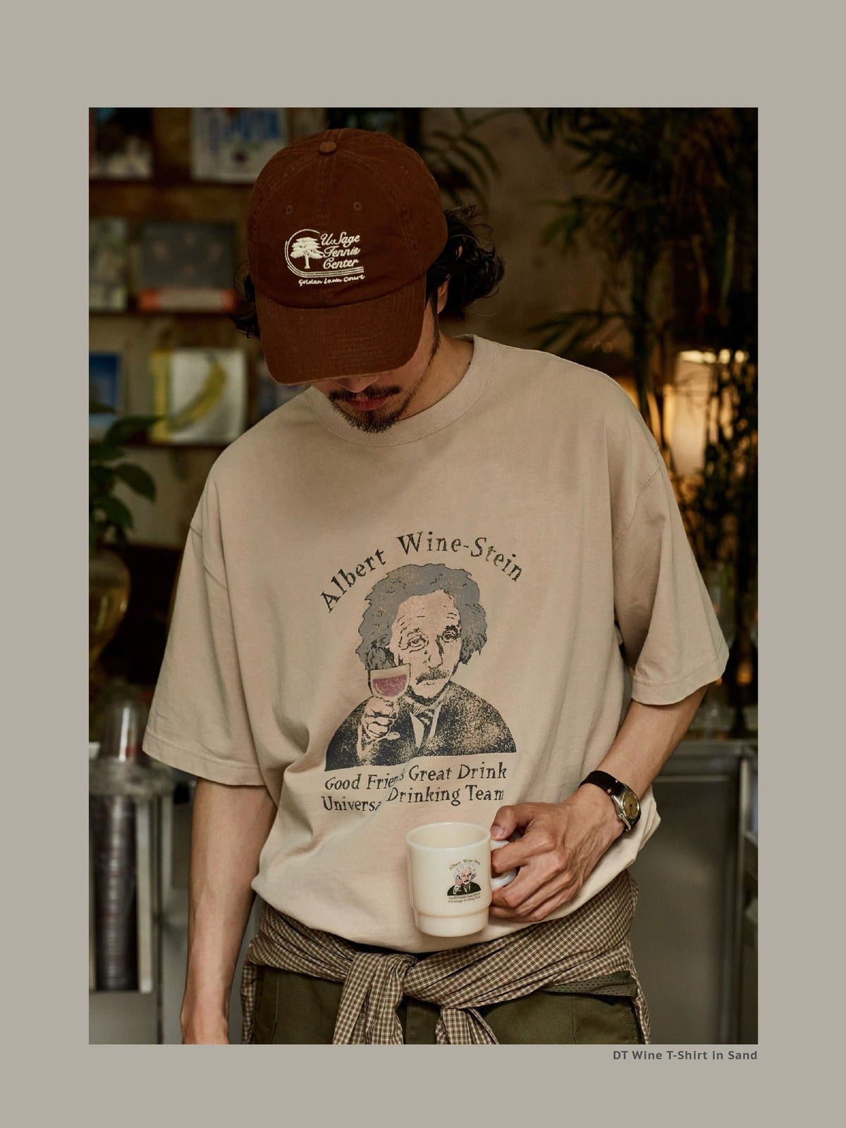USAGE Vintage Wash Einstein Graphic T Shirt in Beige - On Male Model