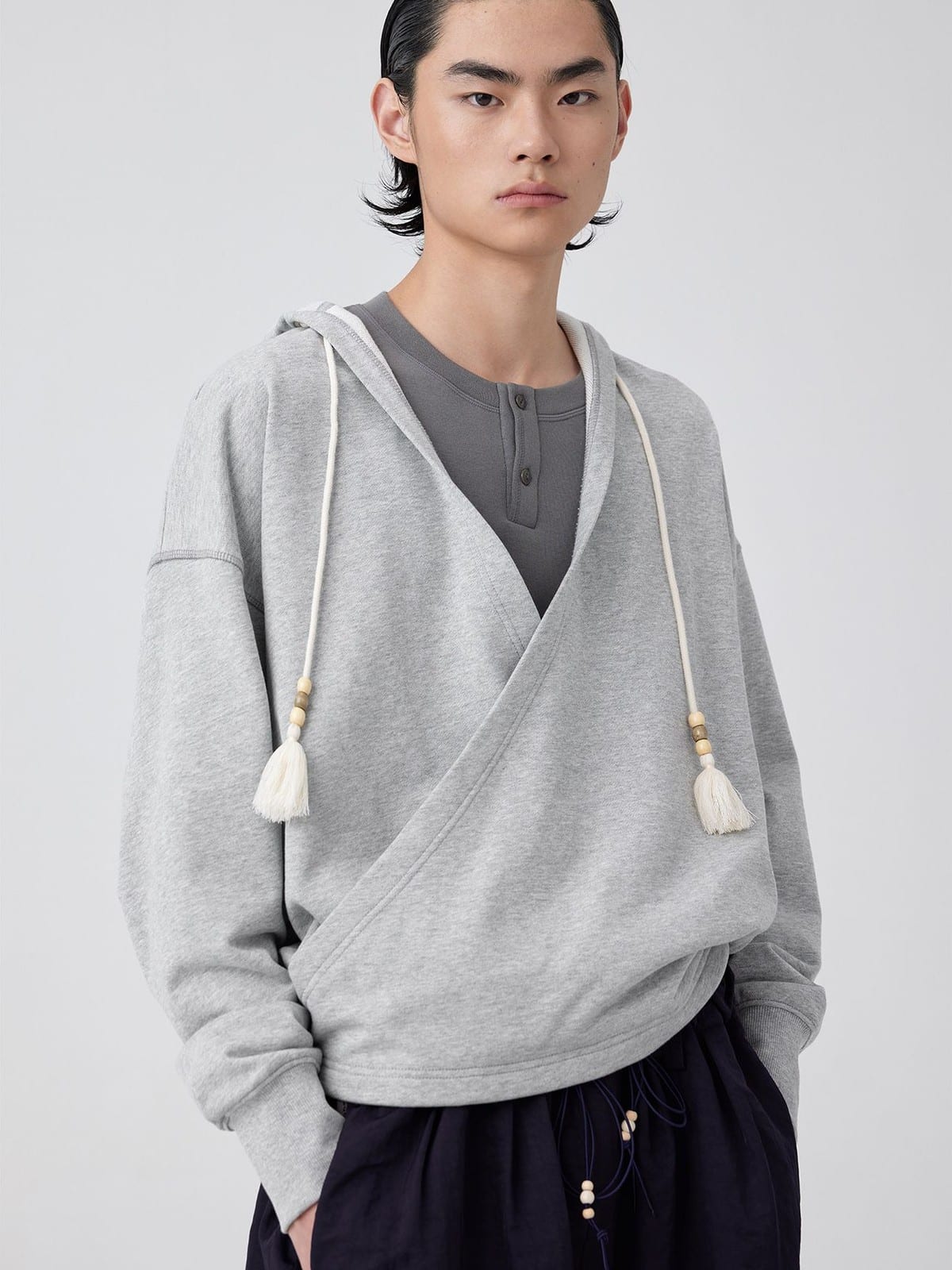 SIMPLE PROJECT Overlapping Slant Placket Hoodie in Gray - On Male Model