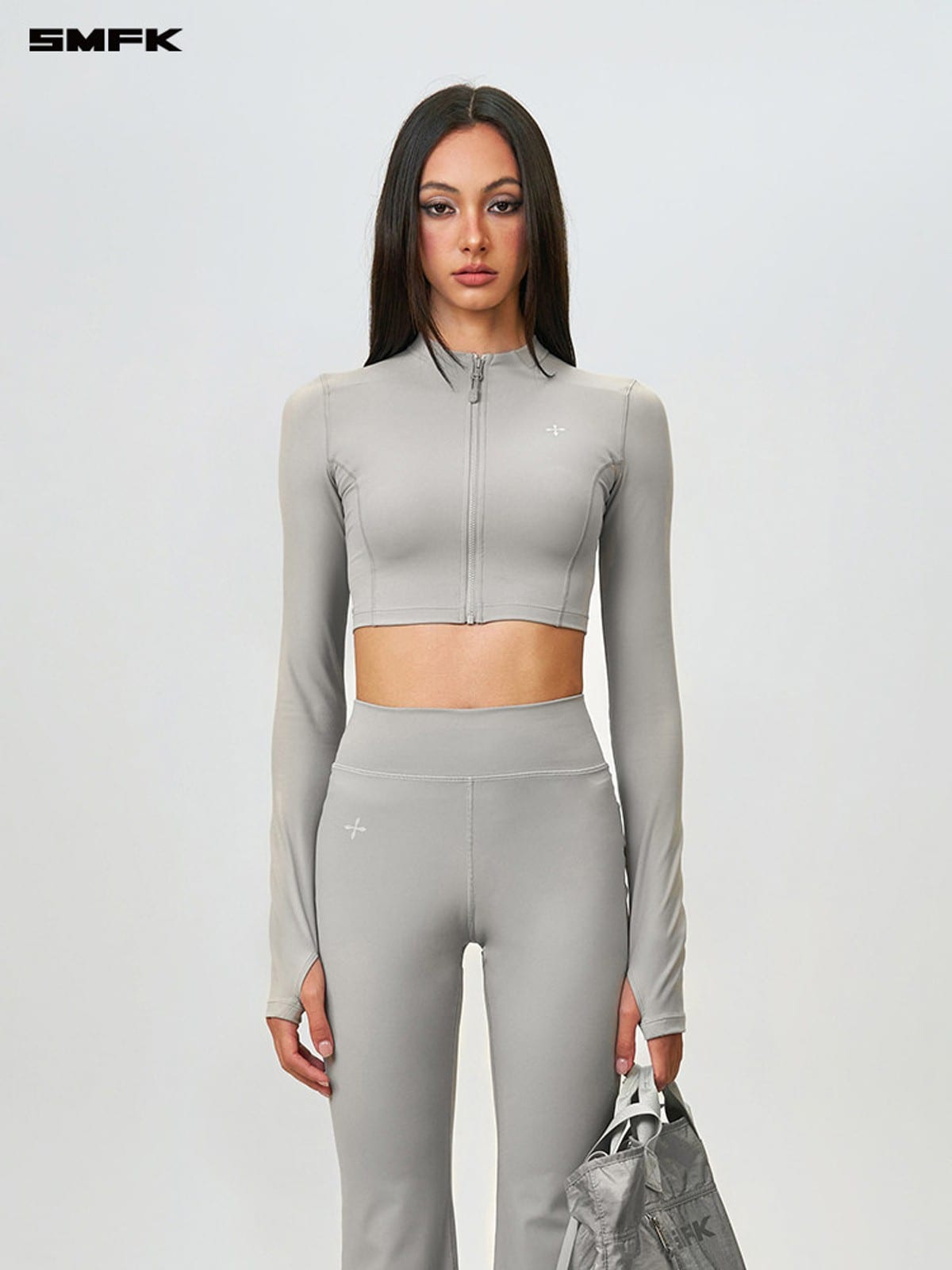 SMFK Zip Front Cropped Activewear Jacket in Gray - On Female Model