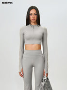 SMFK Zip Front Cropped Activewear Jacket in Gray - On Female Model