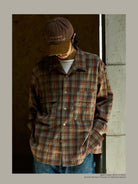 USAGE Washed Crinkle Plaid Open Collar Shirt in Orange - On Male Model