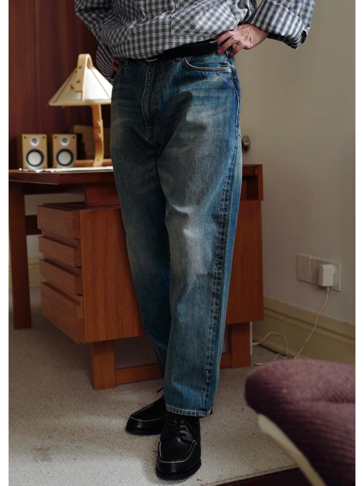USAGE Heavily Washed Selvedge Denim Jeans in Washed Denim - On Model