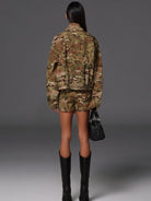 SMFK Camouflage Zip Up Cropped Jacket in Beige - On Female Model