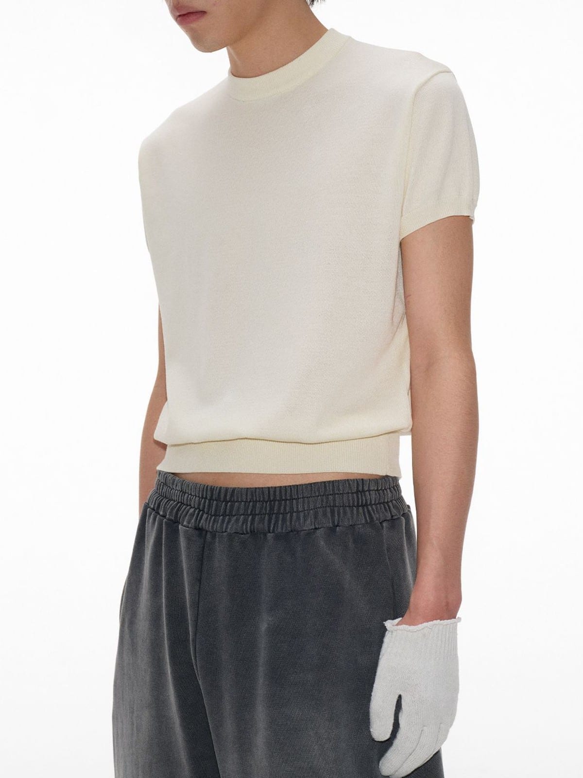 JCAESAR STUDIO Ice Silk Ribbed Hem T Shirt in White - On Male Model