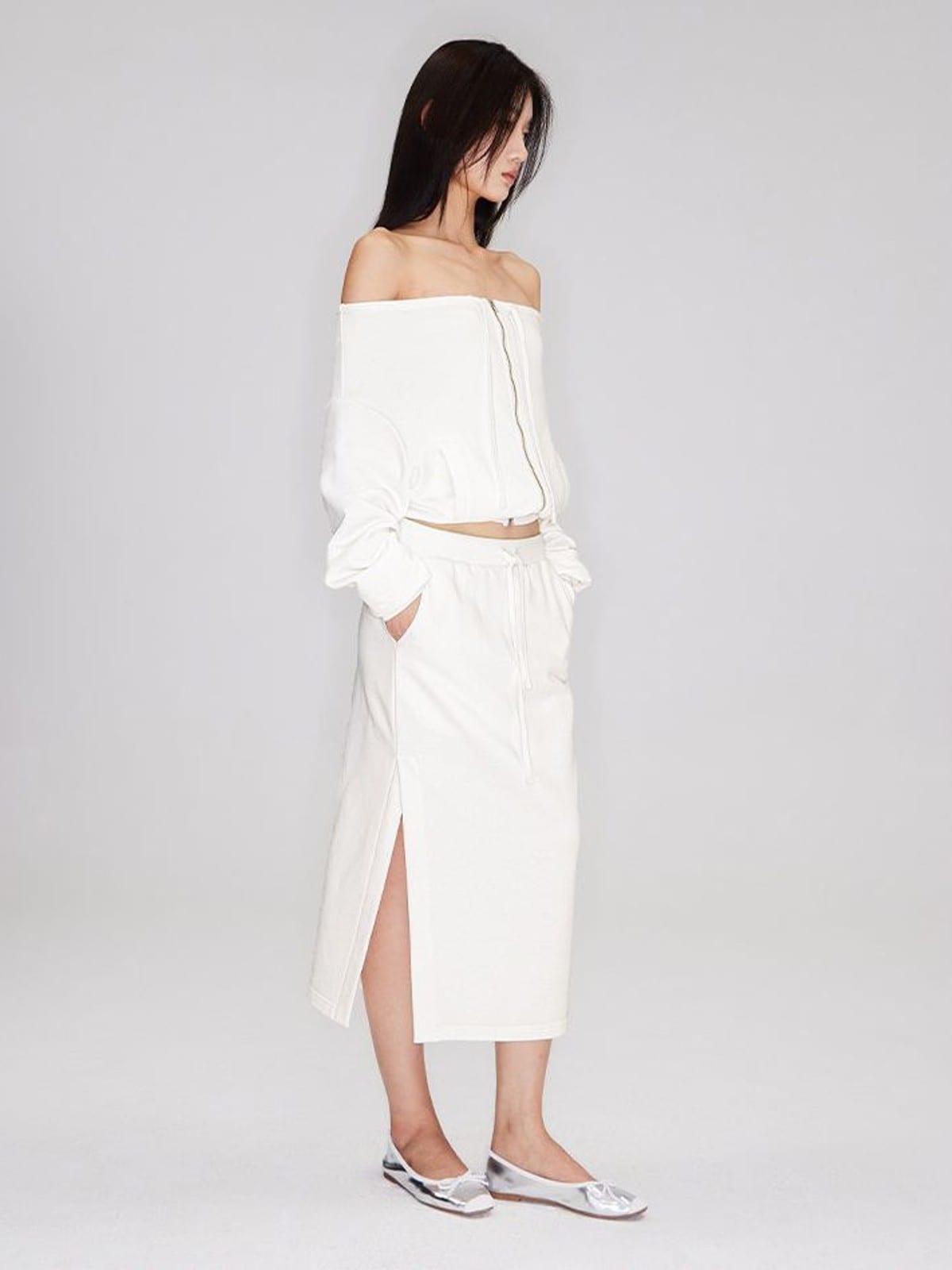 RARELY ALIKE Cotton Side Slit Midi Skirt in White - On Female Model