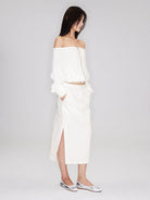 RARELY ALIKE Cotton Side Slit Midi Skirt in White - On Female Model