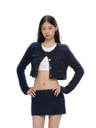 SweetChilling Textured Cropped Crew Neck Cardigan in Navy Blue - On Female Model