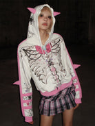 CFIERCE Bow Skull Horned Zip Hoodie in White - On Female Model