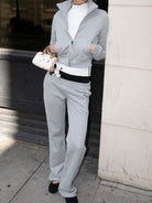 RARELY ALIKE Stand Collar Cotton Zip Up Jacket in Gray - On Female Model