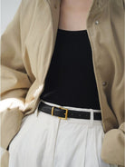 PANLULUPAN Full Grain Leather Square Buckle Belt in Black - On Female Model