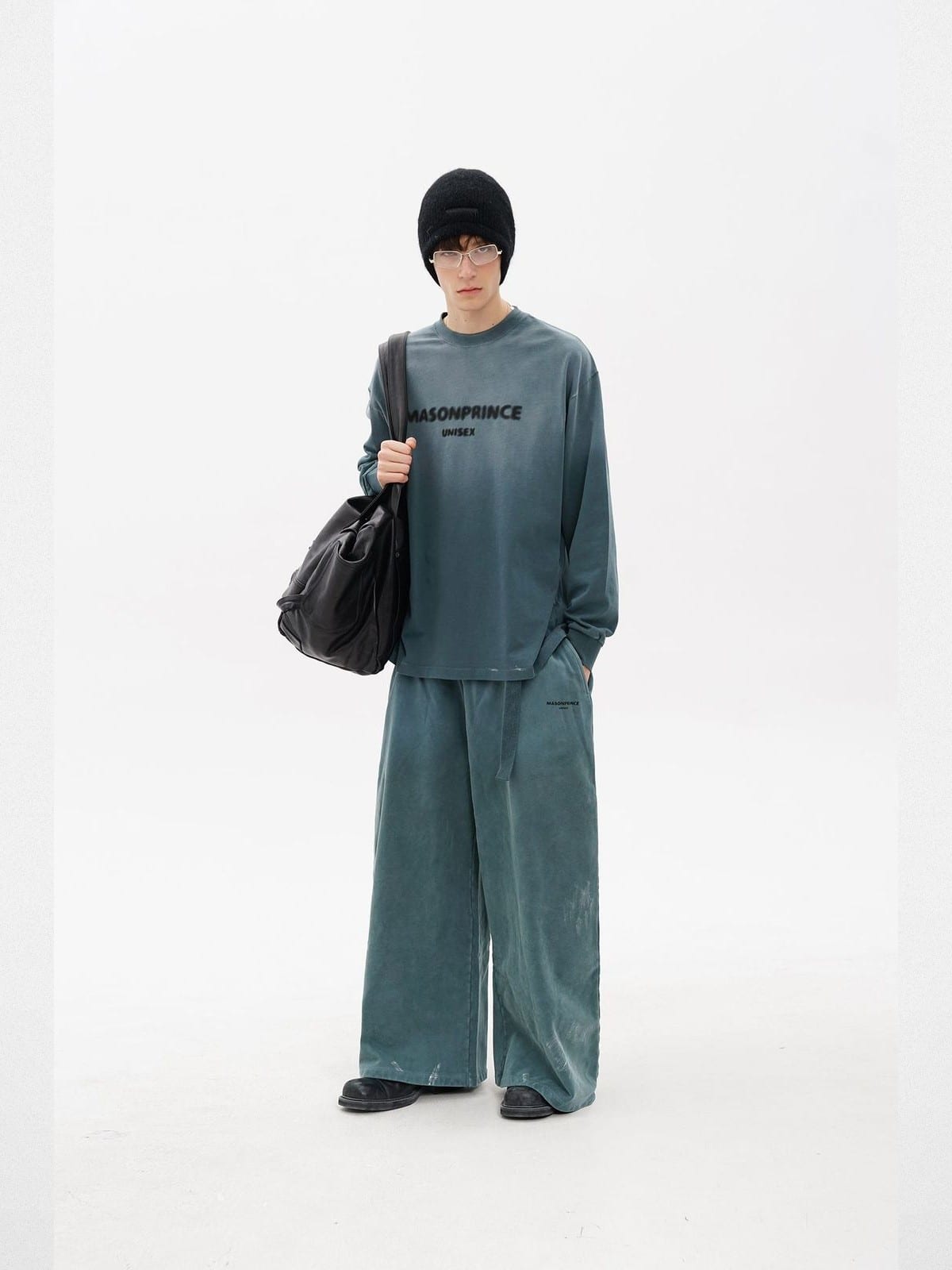 MASONPRINCE Distressed Hoodie Sweatpants Set in Teal - On Male Model