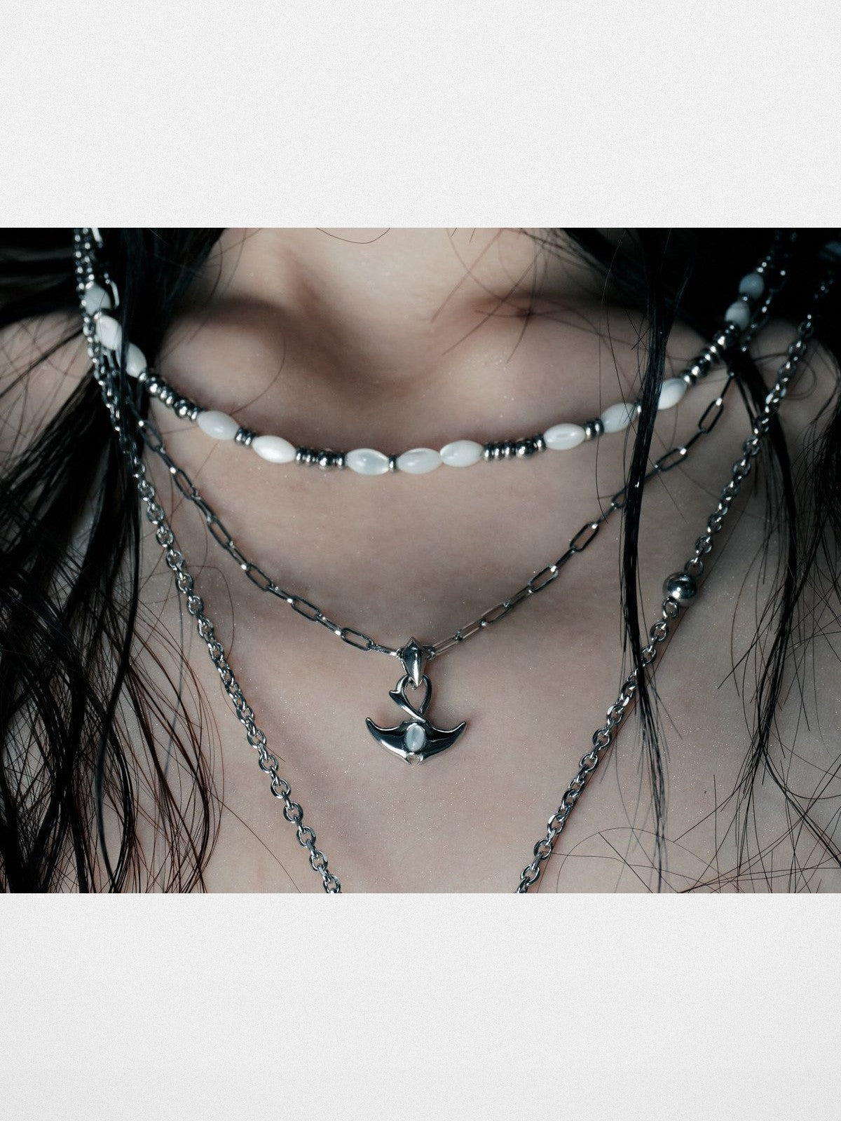 BLACKHEAD Double Layer Manta Ray Necklace in Silver - On Female Model
