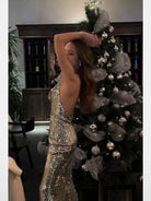 1S STUDIO Silver Sequin Cowl Neck Halter Dress in Silver - On Female Model