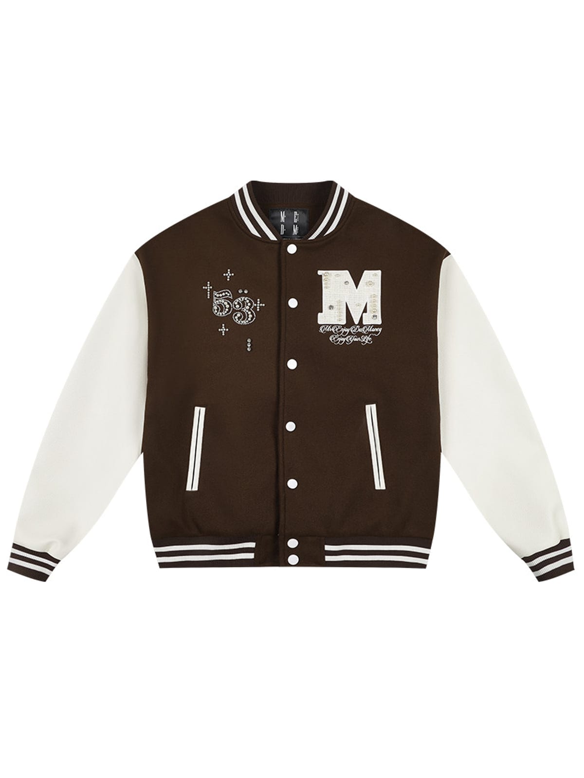 MEDM Pearl Embellished Varsity Jacket in Brown