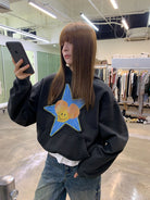 NeverSeez Star Patchwork Raw Edge Hoodie in Gray - On Female Model