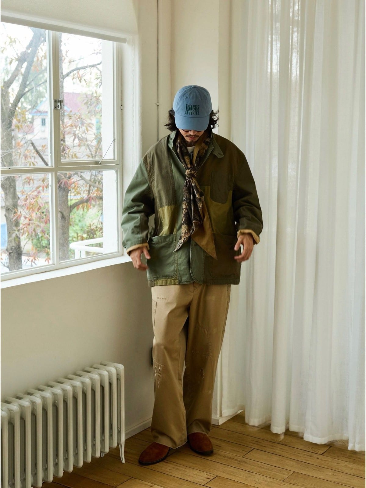 USAGE Cotton Ripstop Patchwork Blazer in Green - On Male Model