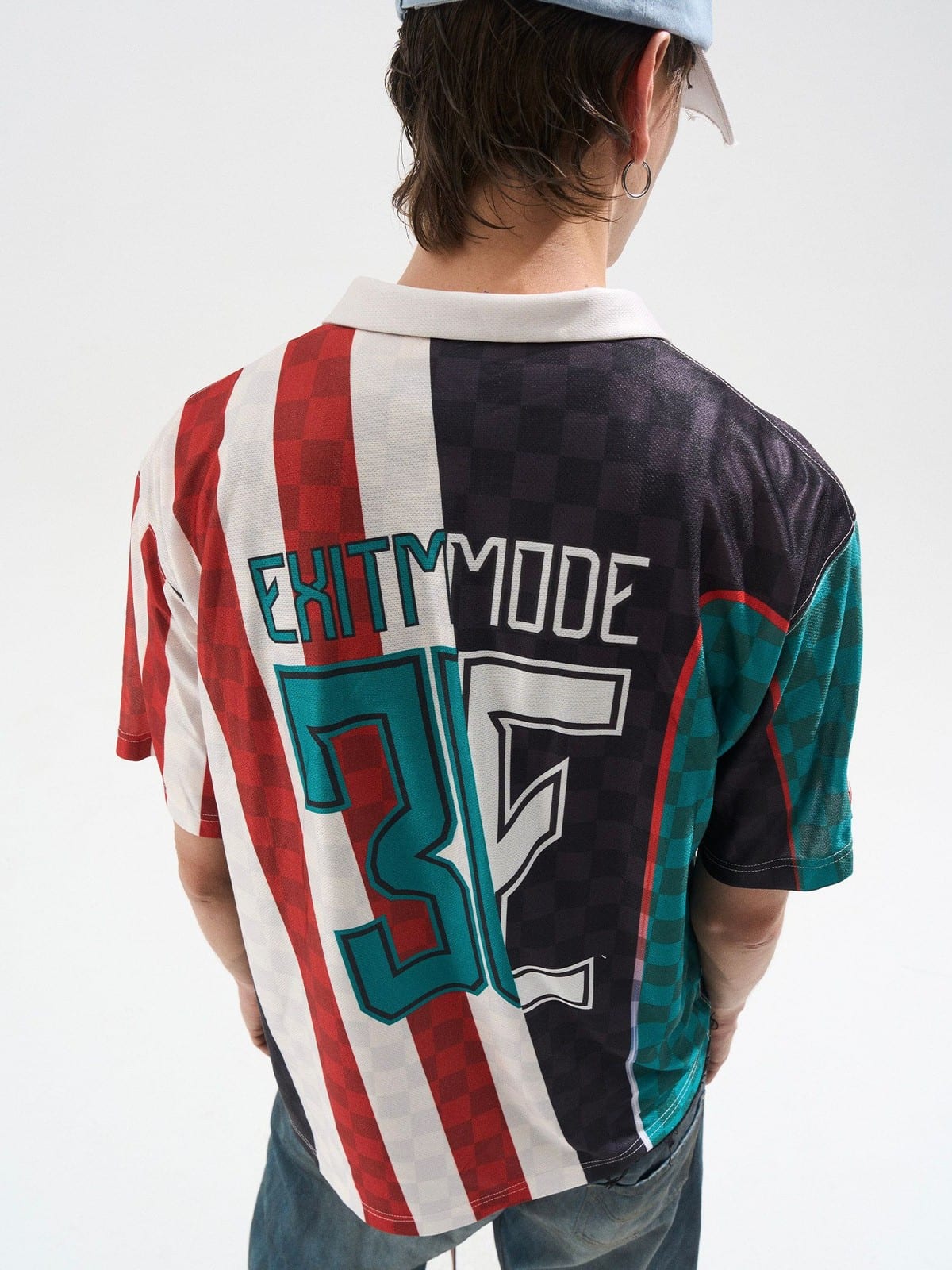 BLINDNOPLAN Digital Print Color Block Jersey Polo in Black - On Model