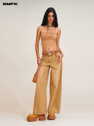 SMFK Distressed Dirty Wash Wide Leg Jeans in Brown - On Female Model