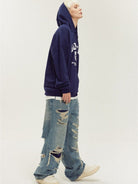 LOSTCTRL Heavy Distressed Double Layer Jeans in Blue - On Model