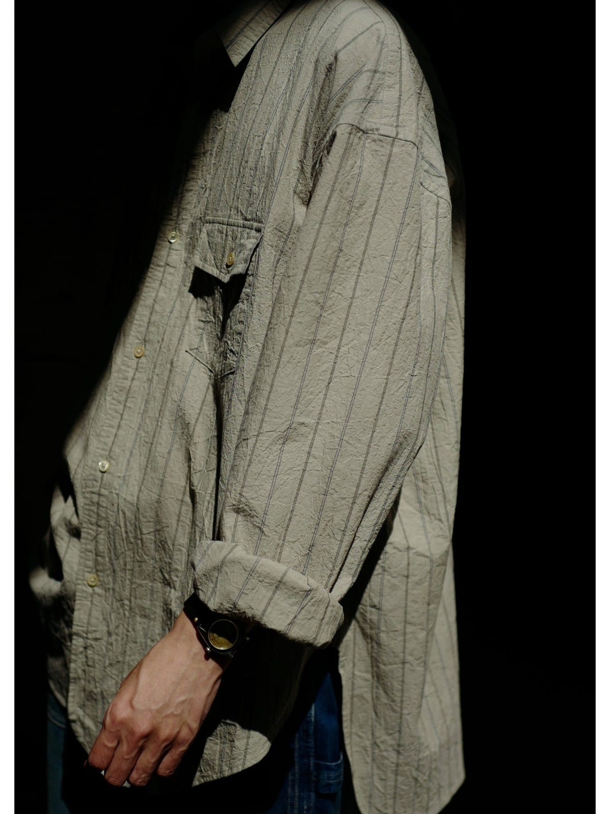 USAGE Crinkled Cotton Striped Button Down in Beige - On Model