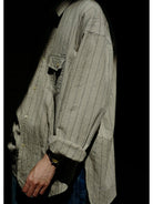 USAGE Crinkled Cotton Striped Button Down in Beige - On Model