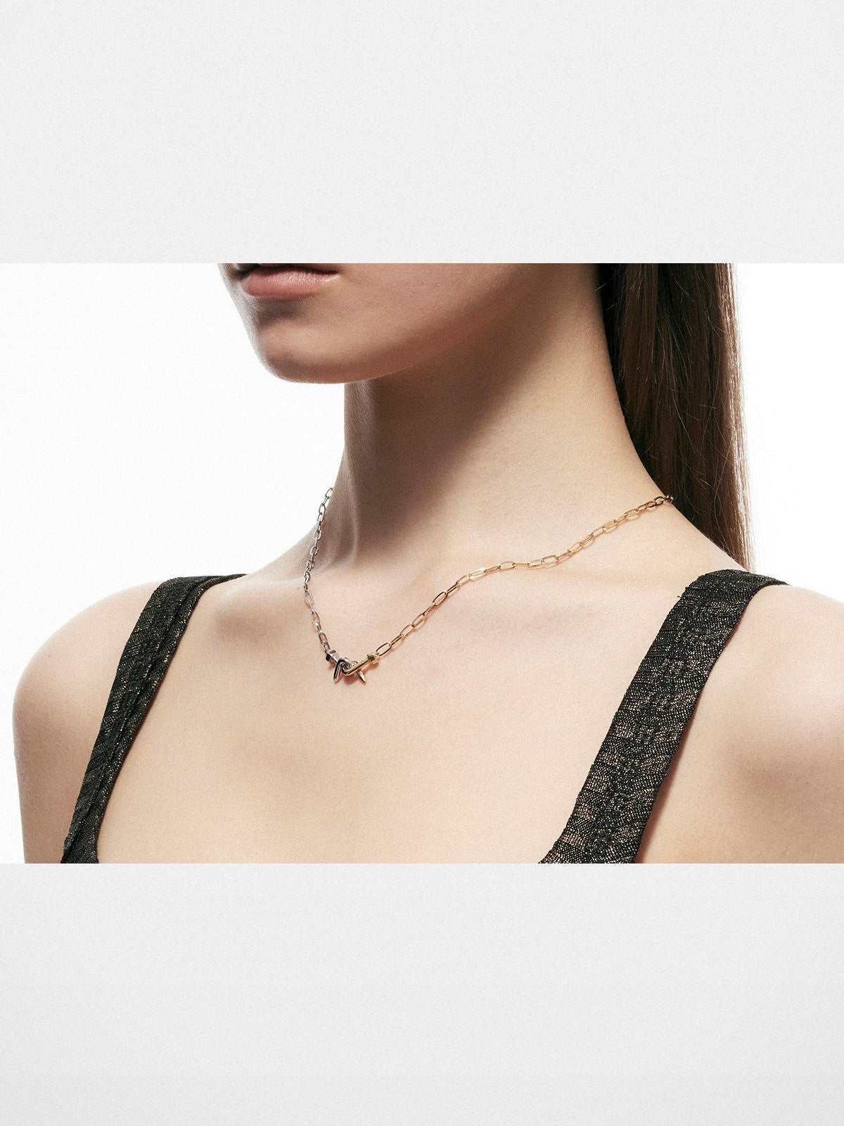 BLACKHEAD Two Tone Twisted Nail Steel Necklace in Gold - On Female Model