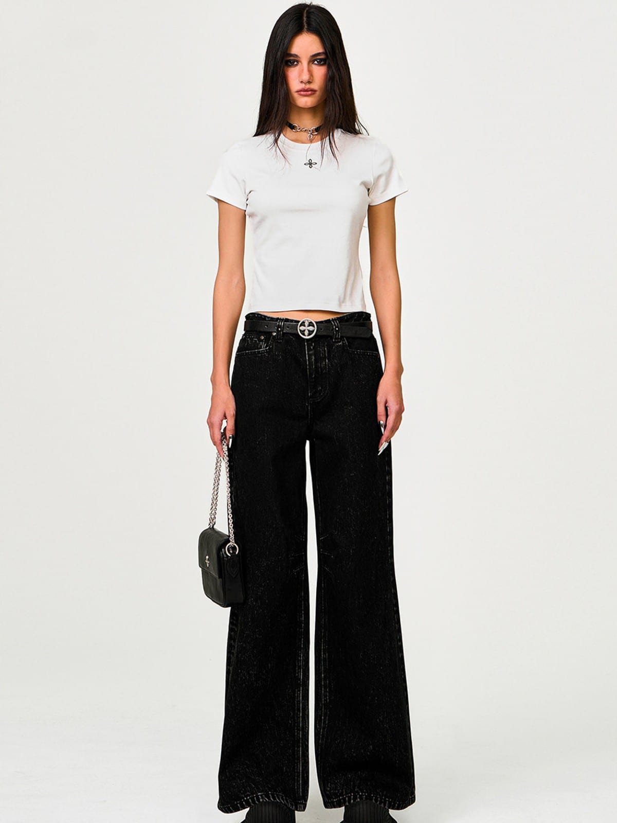 SMFK All Over Print Wide Leg Jeans in Denim - On Female Model