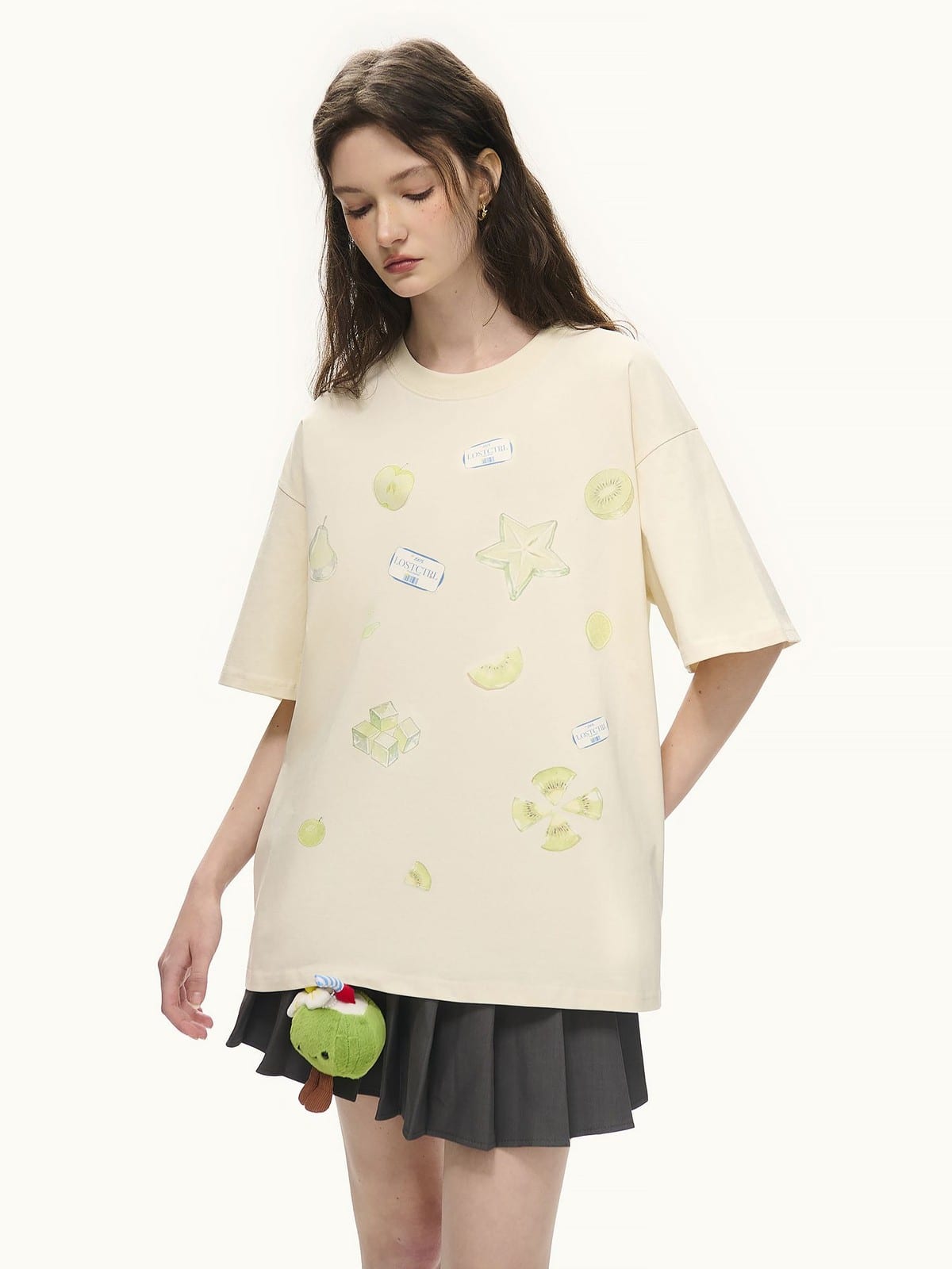 LOSTCTRL Jelly Fruit Print Crewneck T Shirt in Orange - On Female Model