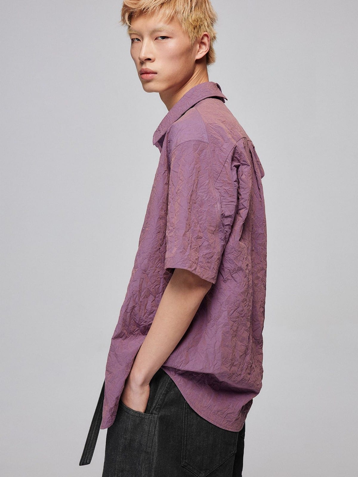 SIMPLE PROJECT Crinkled Linen Blend Short Sleeve Shirt in Purple - On Male Model