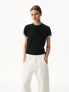 BLINDNOPLAN Embroidered Mock Two Piece T Shirt in Black - On Female Model