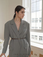 PANLULUPAN Thin Leather Belt with Matte Silver Buckle in Brown - On Female Model