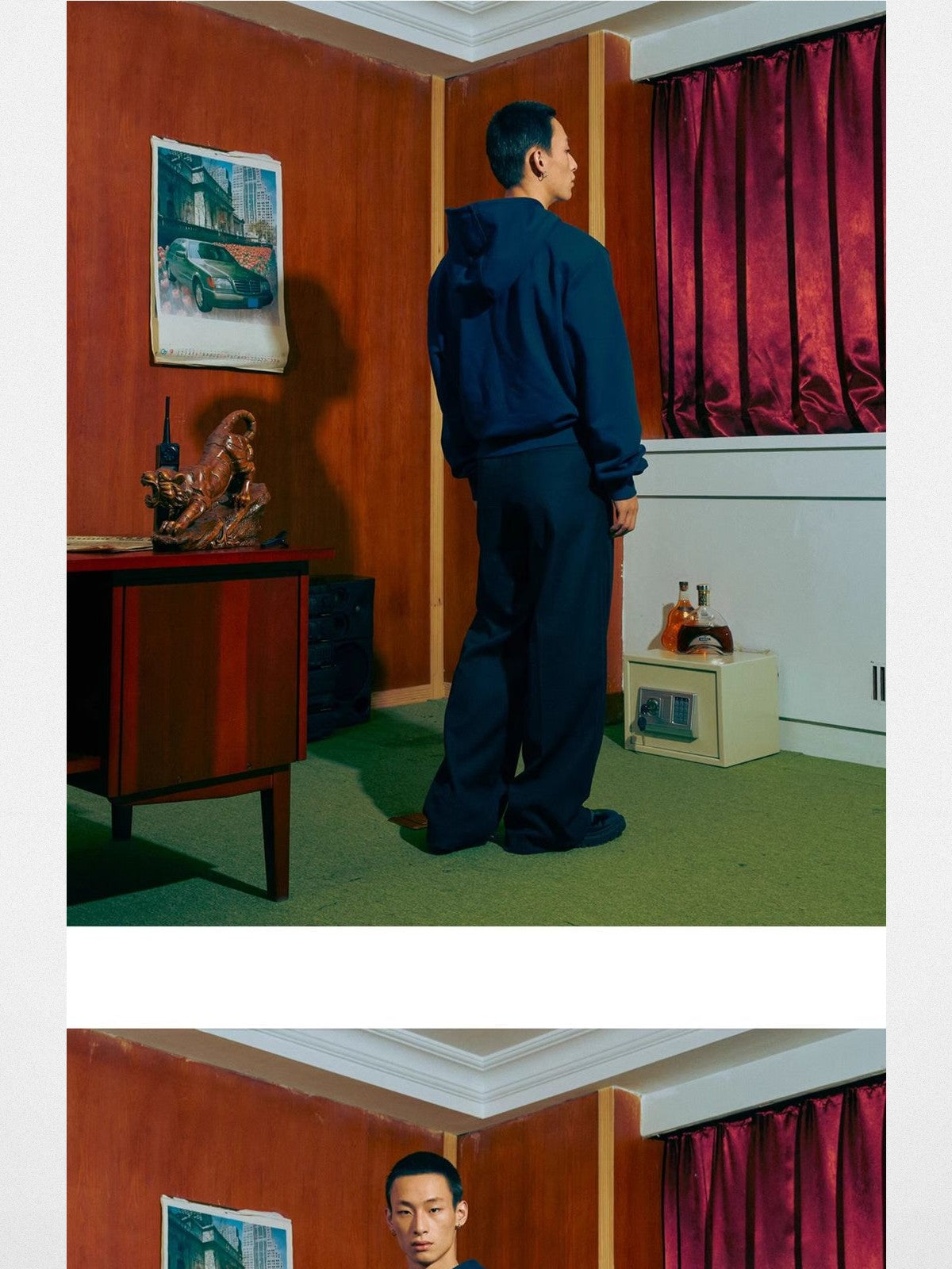 SOD Embroidered Padded Shoulder Hoodie in Blue - On Male Model