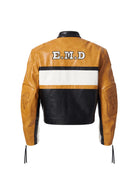 BLINDNOPLAN Cropped Color Block Faux Leather Moto Jacket in Mustard