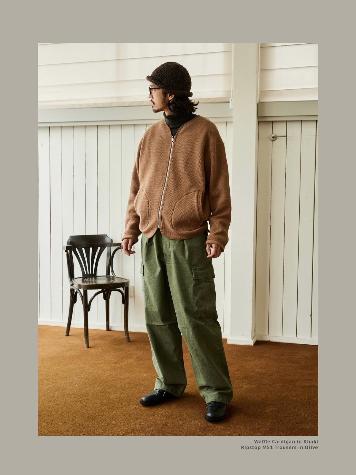 USAGE Heavyweight Waffle Knit Zip Cardigan in Beige - On Male Model