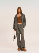 SMFK Washed Cotton Zip Up Hoodie in Dark Gray - On Female Model