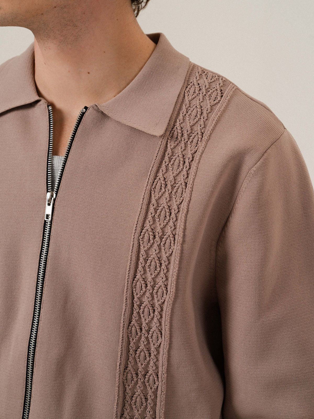 Retro 21 Jacquard Knit Double Zip Jacket in Brown - On Male Model
