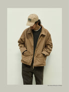 USAGE Textured Nep Blouson Jacket in Beige - On Male Model