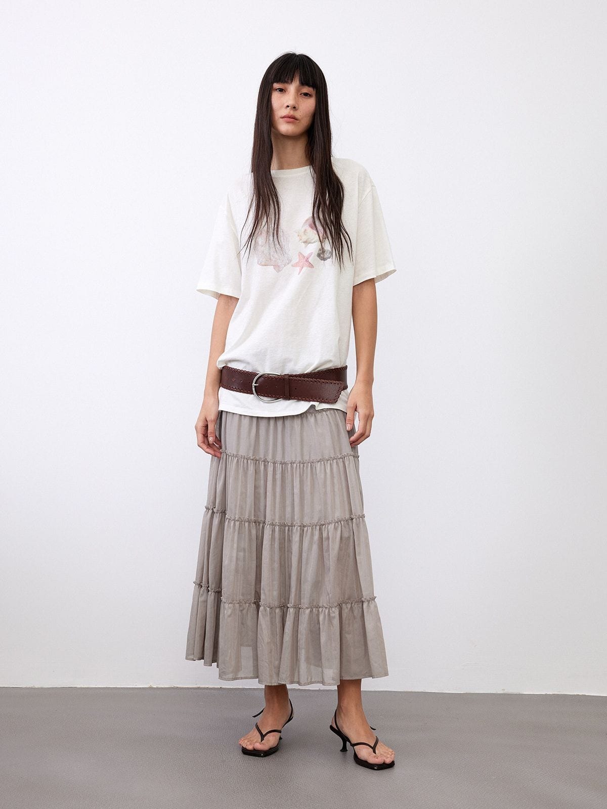 Random Piece Shell Print Cotton Lyocell T Shirt in Cream - On Female Model