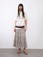Random Piece Shell Print Cotton Lyocell T Shirt in Cream - On Female Model