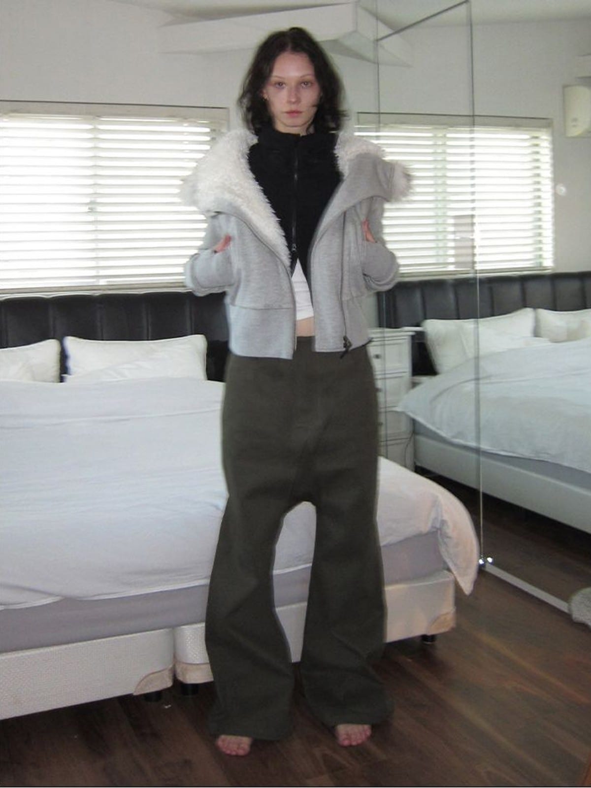 RARELY ALIKE Asymmetrical Faux Fur Trim Padded Jacket in Gray - On Female Model