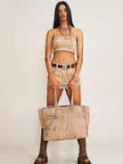 SMFK Distressed Denim Chain Tote Bag in Denim - On Female Model
