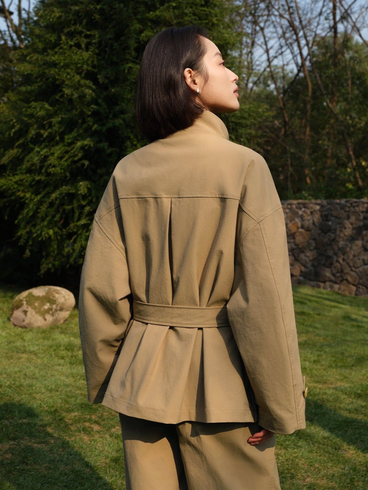 TEASEL Short Stand Collar Trench Coat in Khaki - On Female Model