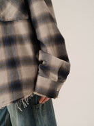 Retro 21 Japanese Flannel Raw Hem Plaid Shirt in Khaki - On Model