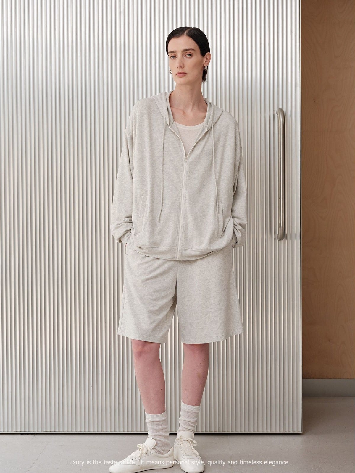 MSBEAST Lightweight Modal Blend Zip Up Hoodie in Gray - On Female Model