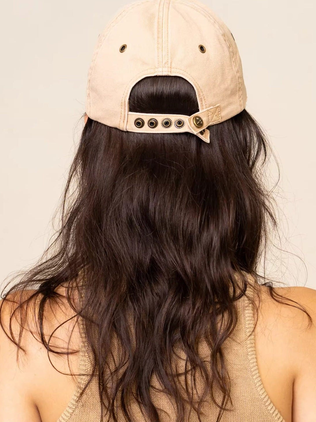 SMFK Distressed Cross Embroidered Baseball Cap in Beige - On Female Model
