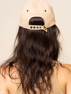 SMFK Distressed Cross Embroidered Baseball Cap in Beige - On Female Model