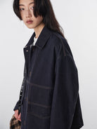 Random Piece Cotton Convertible Workwear Jacket in Navy Blue - On Female Model