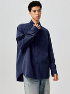 SIMPLE PROJECT Lyocell Cotton Pocket Work Shirt in Navy Blue - On Male Model