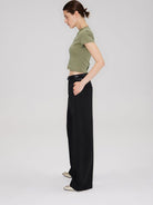 RARELY ALIKE Cropped Cotton Crew Neck T Shirt in Olive - On Female Model